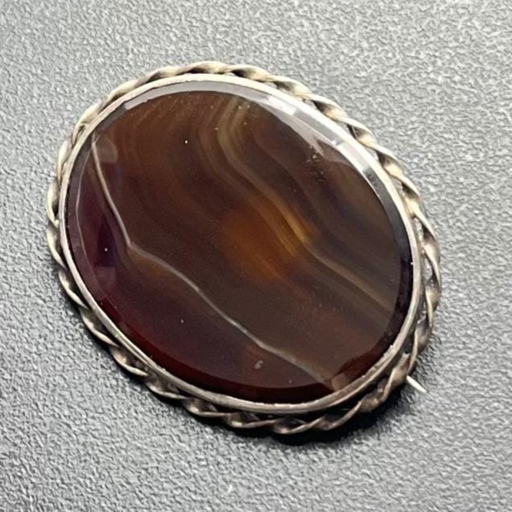 Victorian Sterling Silver Banded Agate Brooch C Clasp‎
